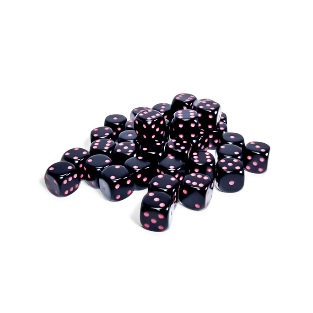 CHX25848 Black Opaque D6 Dice with Pink Pips 12mm (1/2in) Pack of 36 Dice (ONLINE ORDER ONLY)