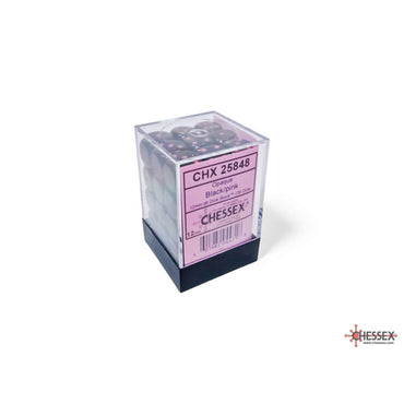 CHX25848 Black Opaque D6 Dice with Pink Pips 12mm (1/2in) Pack of 36 Dice (ONLINE ORDER ONLY)