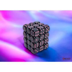 CHX25848 Black Opaque D6 Dice with Pink Pips 12mm (1/2in) Pack of 36 Dice (ONLINE ORDER ONLY)
