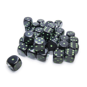 CHX25858 Black Opaque D6 Dice with Green Pips 12mm (1/2in) Pack of 36 Dice (ONLINE ORDER ONLY)