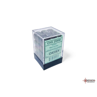CHX25858 Black Opaque D6 Dice with Green Pips 12mm (1/2in) Pack of 36 Dice (ONLINE ORDER ONLY)