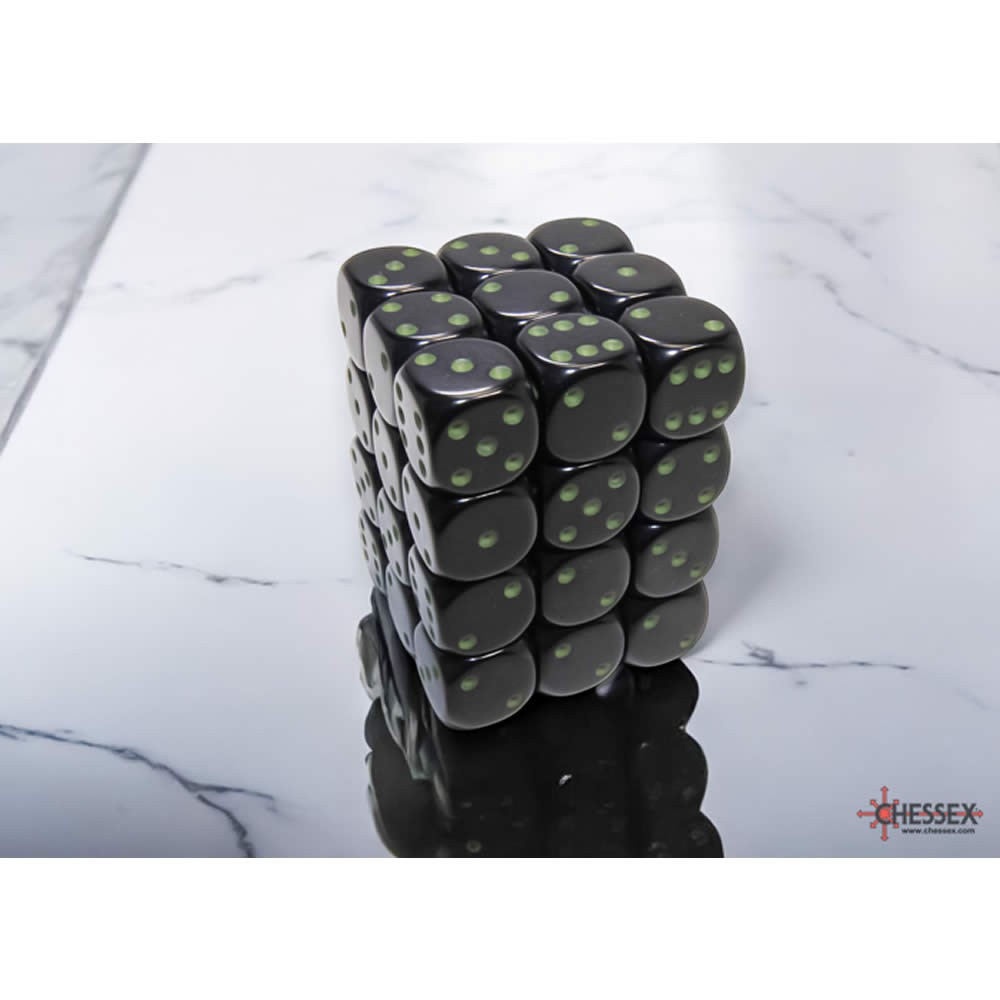 CHX25858 Black Opaque D6 Dice with Green Pips 12mm (1/2in) Pack of 36 Dice (ONLINE ORDER ONLY)