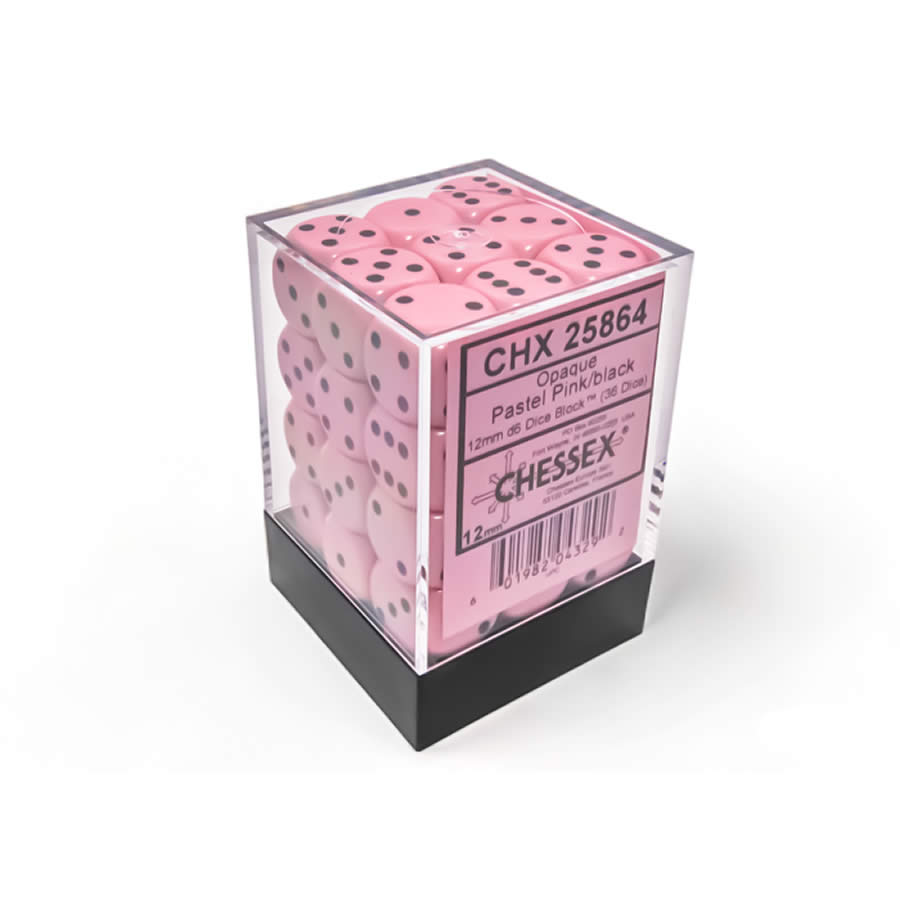 CHX25864 Pink Pastel D6 Dice with Black Pips 12mm (1/2in) Pack of 36 Dice (ONLINE ORDER ONLY)