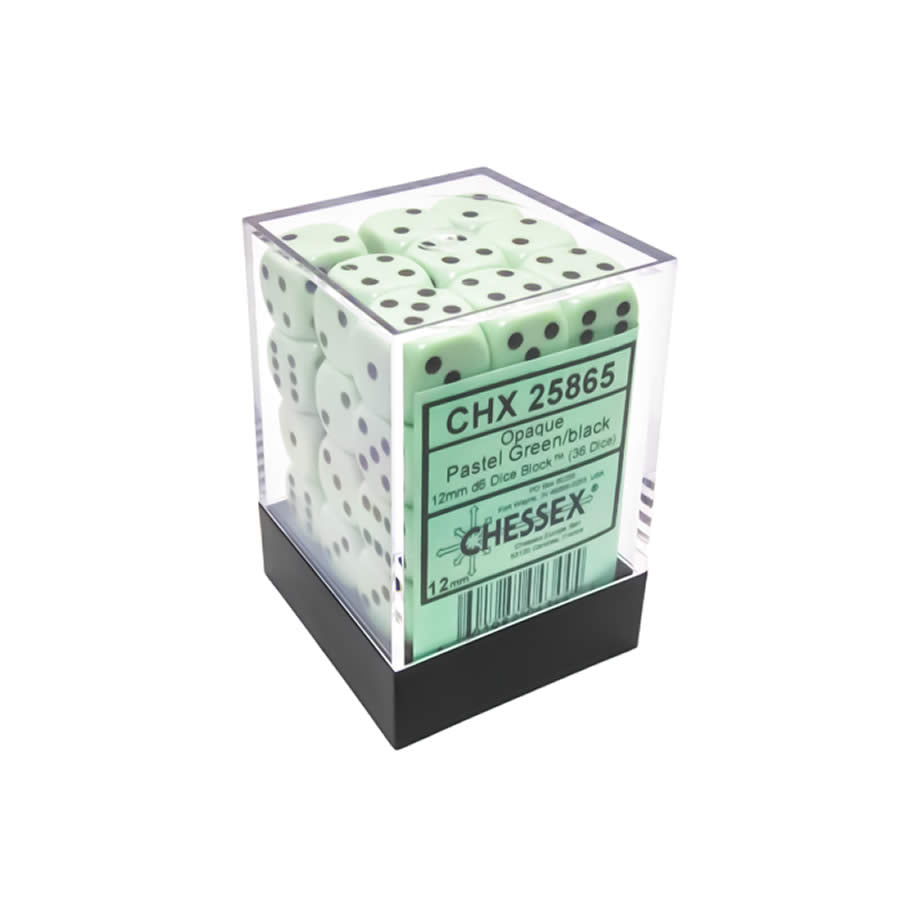CHX25865 Green Pastel D6 Dice with Black Pips 12mm (1/2in) Pack of 36 Dice (ONLINE ORDER ONLY)