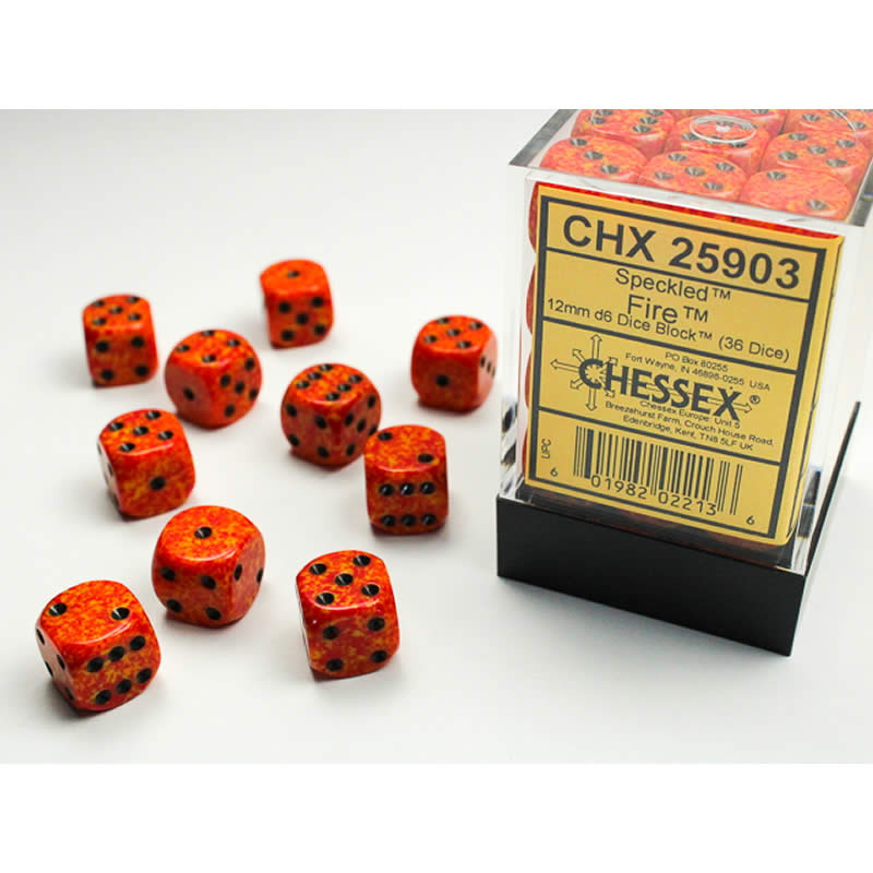 CHX25903 Fire Speckled D6 Dice with Black Pips 12mm (1/2in) Pack of 36 (ONLINE ORDER ONLY)