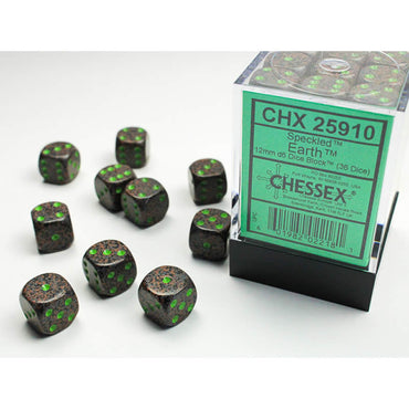 CHX25910 Earth Speckled D6 Dice with Green Pips 12mm (1/2in) Pack of 36 (ONLINE ORDER ONLY)