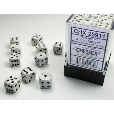 CHX25911 Arctic Camo Speckled D6 Dice Black Pips 12mm Pack of 36 (ONLINE ORDER ONLY)