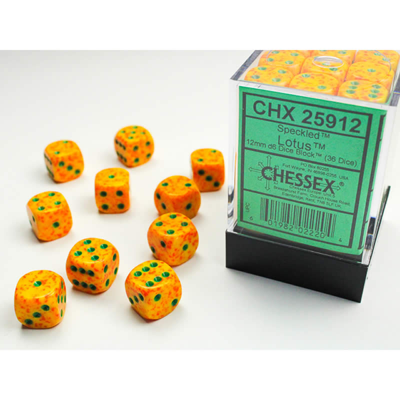 CHX25912 Lotus Speckled D6 Dice with Green Pips 12mm (1/2in) Pack of 36 (ONLINE ORDER ONLY)