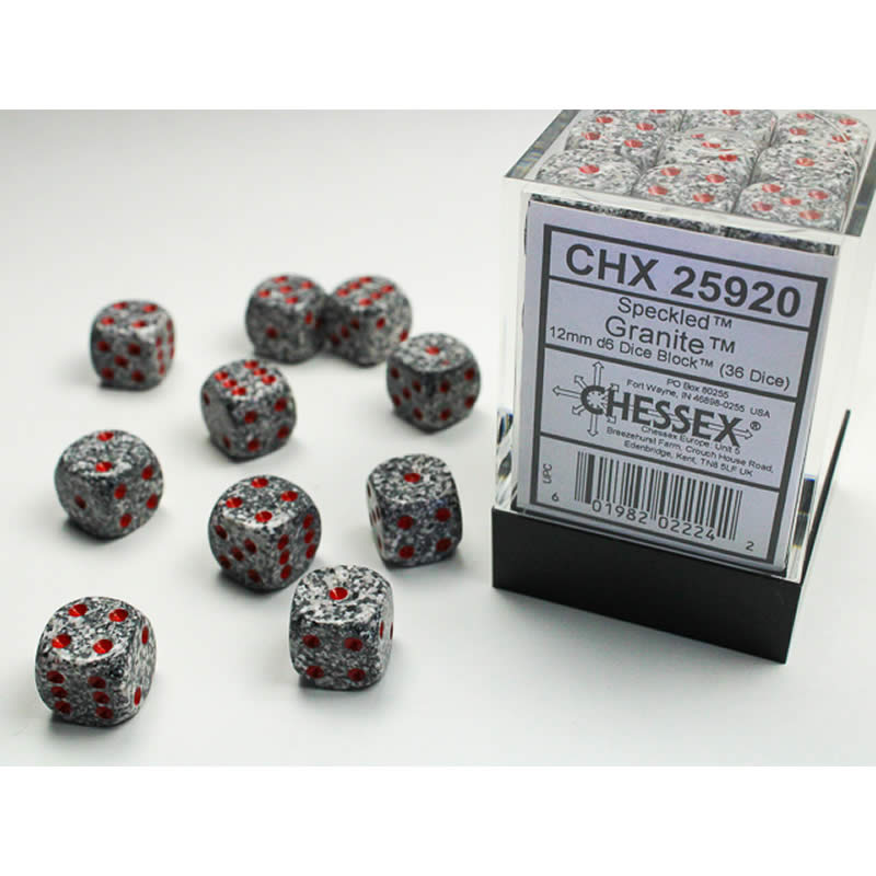 CHX25920 Granite Speckled D6 Dice with Red Pips 12mm (1/2in) Pack of 36 (ONLINE ORDER ONLY)