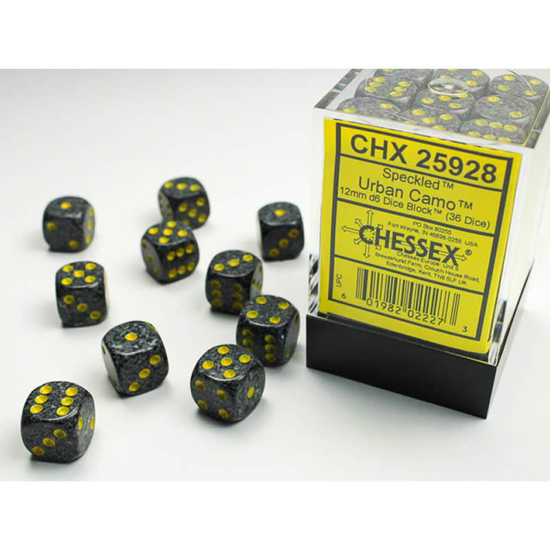CHX25928 Urban Camo Speckled D6 Dice with Yellow Pips 12mm (1/2in) Pack of 36 (ONLINE ORDER ONLY)