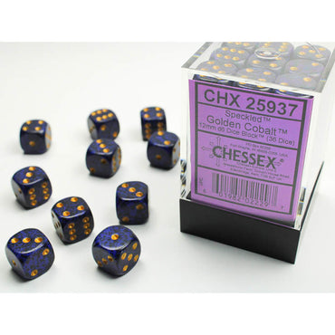 CHX25937 Golden Cobalt Speckled D6 Dice Gold Pips 12mm Pack of 36 (ONLINE ORDER ONLY)