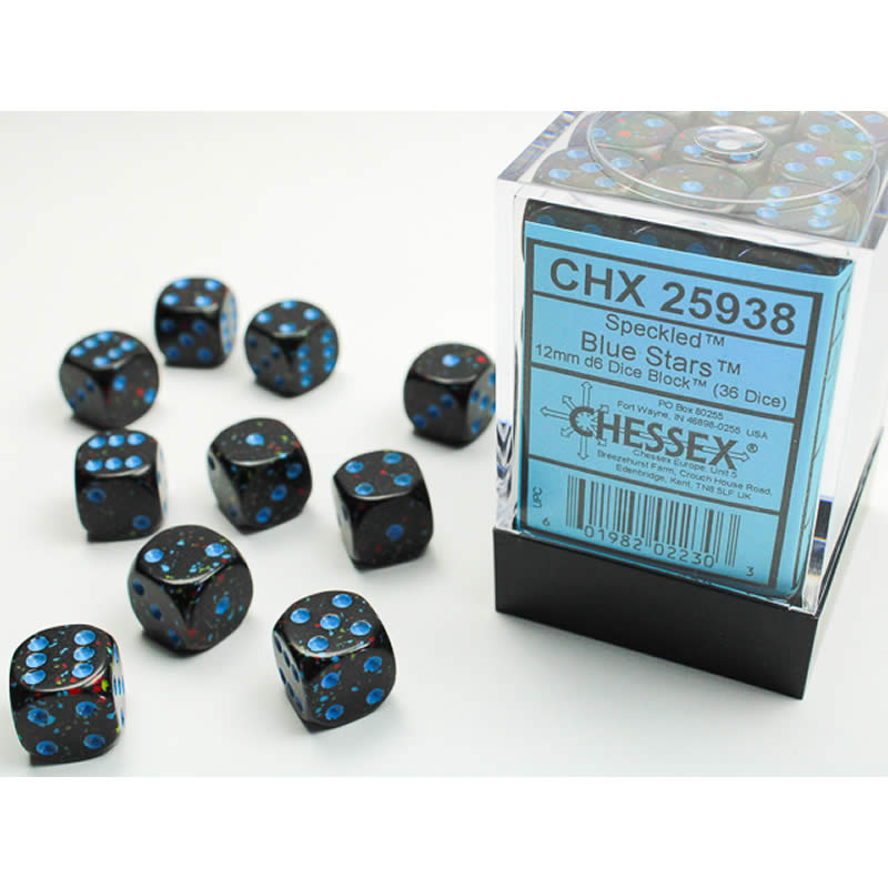 CHX25938 Blue Stars Speckled D6 Dice Blue Pips 12mm (1/2in) Pack of 36 (ONLINE ORDER ONLY)