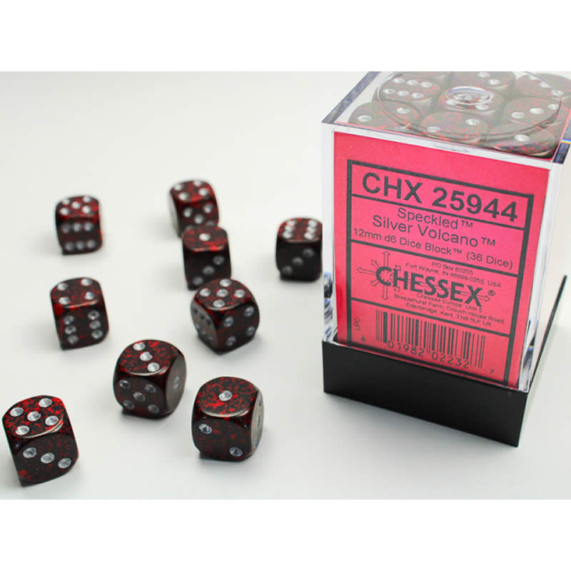 CHX25944 Silver Volcano Speckled D6 Dice Silver Pips 12mm Pack of 36 (ONLINE ORDER ONLY)