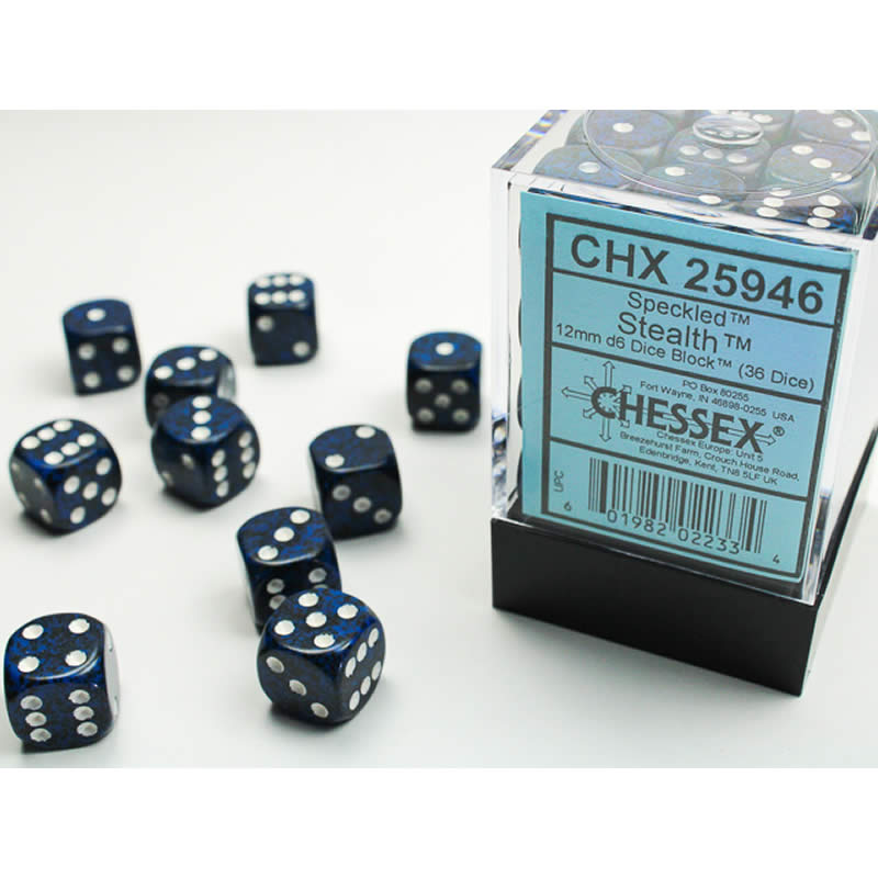 CHX25946 Stealth Speckled D6 Dice with White Pips 12mm (1/2in) Pack of 36 (ONLINE ORDER ONLY)