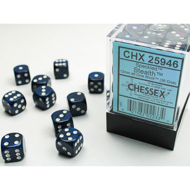 CHX25946 Stealth Speckled D6 Dice with White Pips 12mm (1/2in) Pack of 36 (ONLINE ORDER ONLY)
