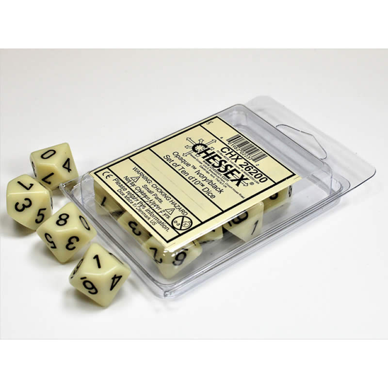 CHX26200 Ivory Opaque Dice D10 Black Numbers 16mm (5/8in) Pack of 10 (ONLINE ORDER ONLY)