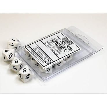 CHX26201 White Opaque Dice Black Numbers D10 16mm (5/8in) Pack of 10 (ONLINE ORDER ONLY)