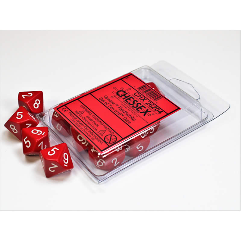CHX26204 Red Opaque Dice White Numbers D10 16mm (5/8in) Pack of 10 (ONLINE ORDER ONLY)