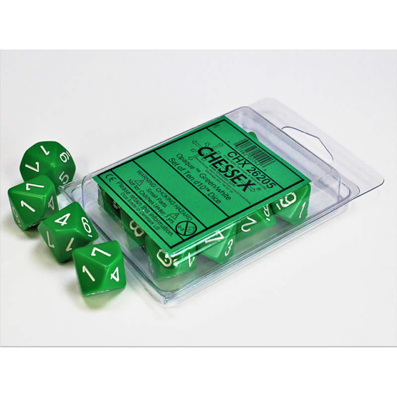CHX26205 Green Opaque Dice White Numbers D10 16mm (5/8in) Pack of 10 (ONLINE ORDER ONLY)