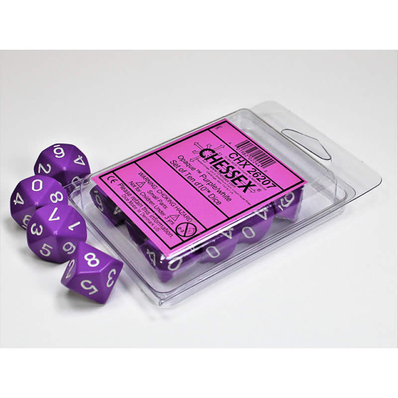 CHX26207 Purple Opaque Dice White Numbers D10 16mm (5/8in) Pack of 10 (ONLINE ORDER ONLY)
