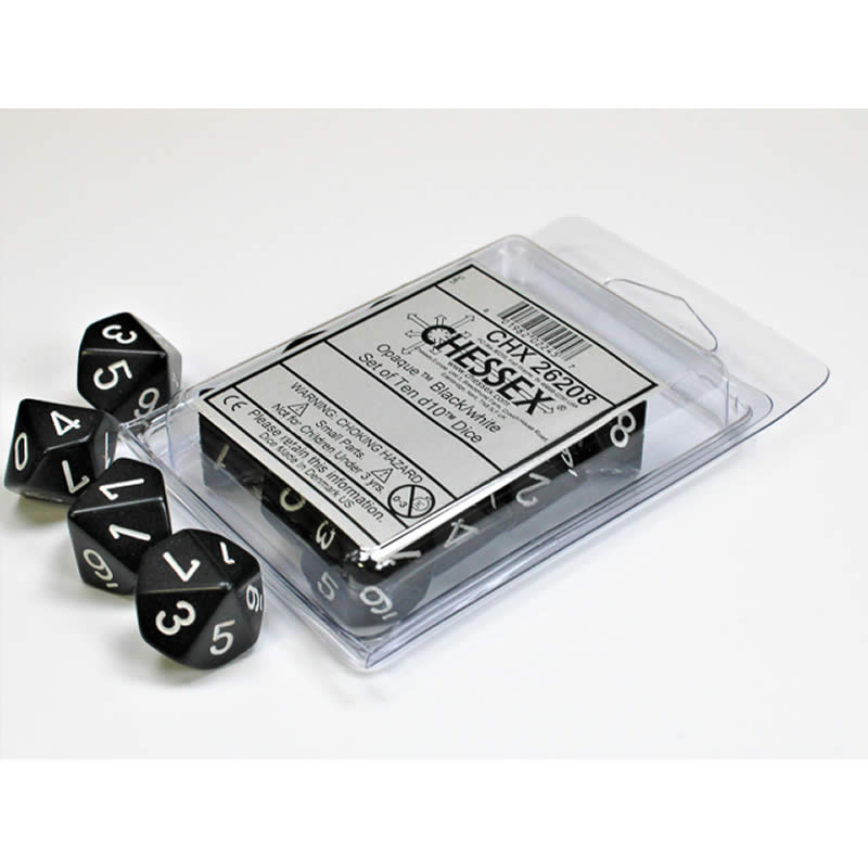 CHX26208 Black Opaque Dice  White Numbers D10 16mm (5/8in) Pack of 10 (ONLINE ORDER ONLY)