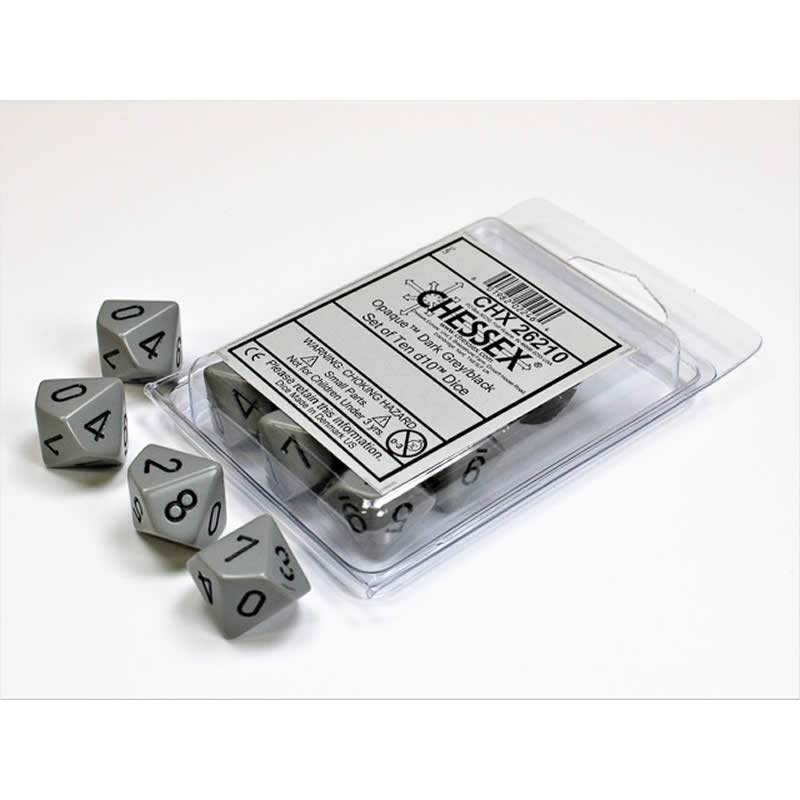 CHX26210 Dark Grey Opaque Dice Black Numbers D10 16mm Pack of 10 (ONLINE ORDER ONLY)