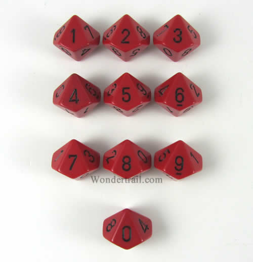 CHX26214 Red Opaque Dice Black Numbers D10 16mm (5/8in) Pack of 10 (ONLINE ORDER ONLY)