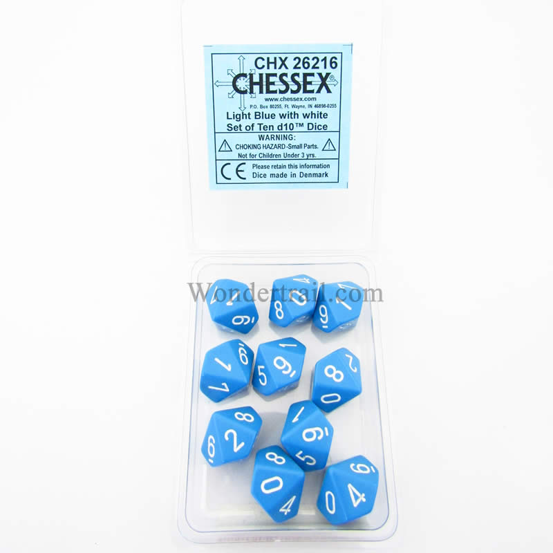 CHX26216 Light Blue Opaque Dice White Numbers D10 16mm Pack of 10 (ONLINE ORDER ONLY)