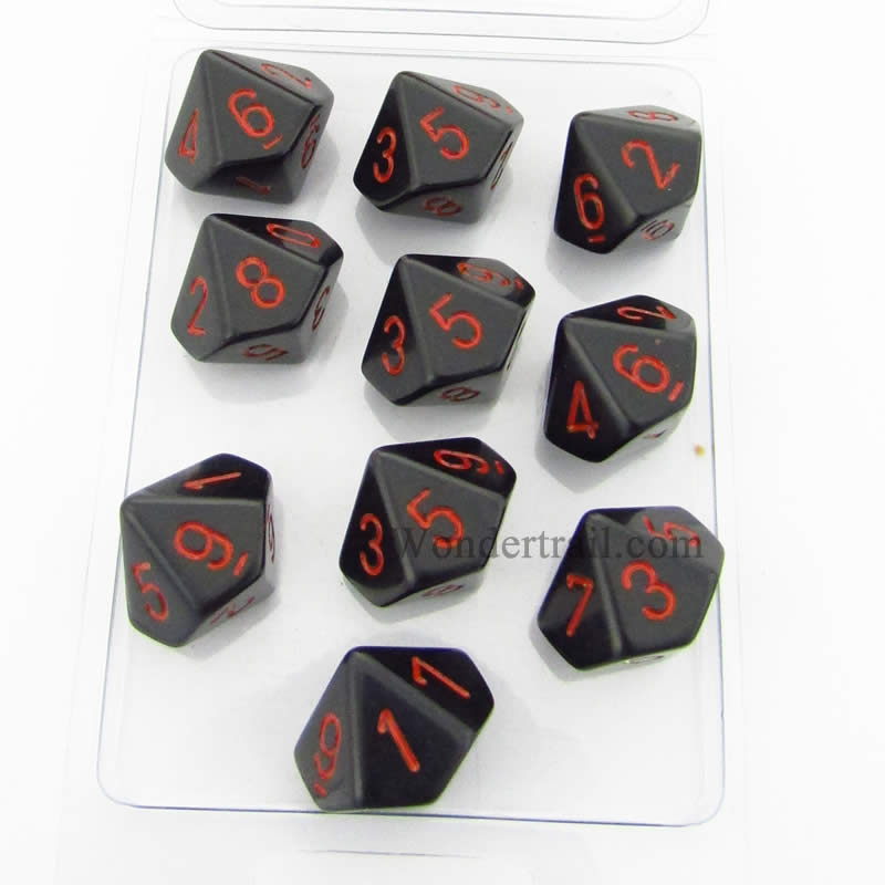 CHX26218 Black Opaque Dice Red Numbers D10 16mm (5/8in) Pack of 10 (ONLINE ORDER ONLY)