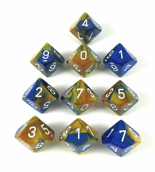CHX26222 Blue Gold Gemini Dice White Numbers D10 16mm Pack of 10 (ONLINE ORDER ONLY)