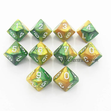 CHX26225 Gold Green Gemini Dice White Numbers D10 16mm Pack of 10 (ONLINE ORDER ONLY)