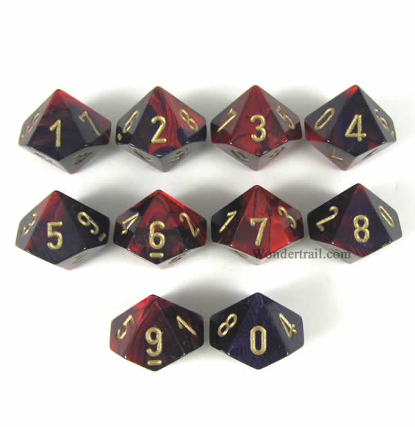 CHX26226 Purple Red Gemini Dice Gold Numbers D10 16mm Pack of 10 (ONLINE ORDER ONLY)
