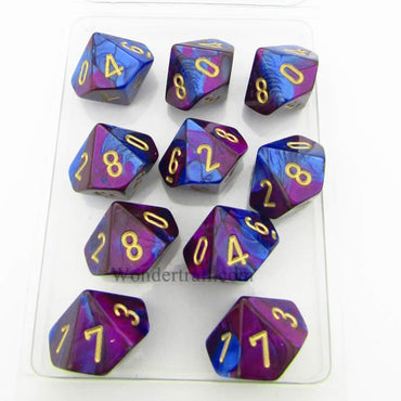 CHX26228 Blue Purple Gemini Dice Gold Numbers D10 16mm Pack of 10 (ONLINE ORDER ONLY)