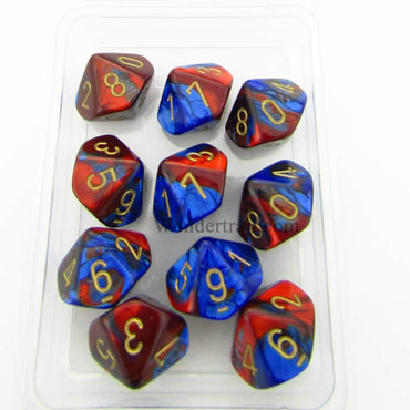 CHX26229 Blue Red Gemini Dice Gold Numbers D10 16mm Pack of 10 (ONLINE ORDER ONLY)