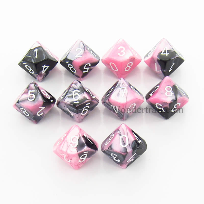CHX26230 Black Pink Gemini Dice White Numbers D10 16mm Pack of 10 (ONLINE ORDER ONLY)
