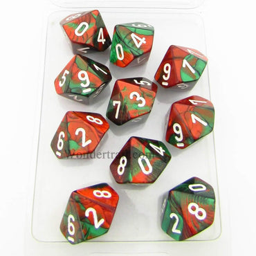 CHX26231 Green Red Gemini Dice White Numbers D10 16mm Pack of 10 (ONLINE ORDER ONLY)