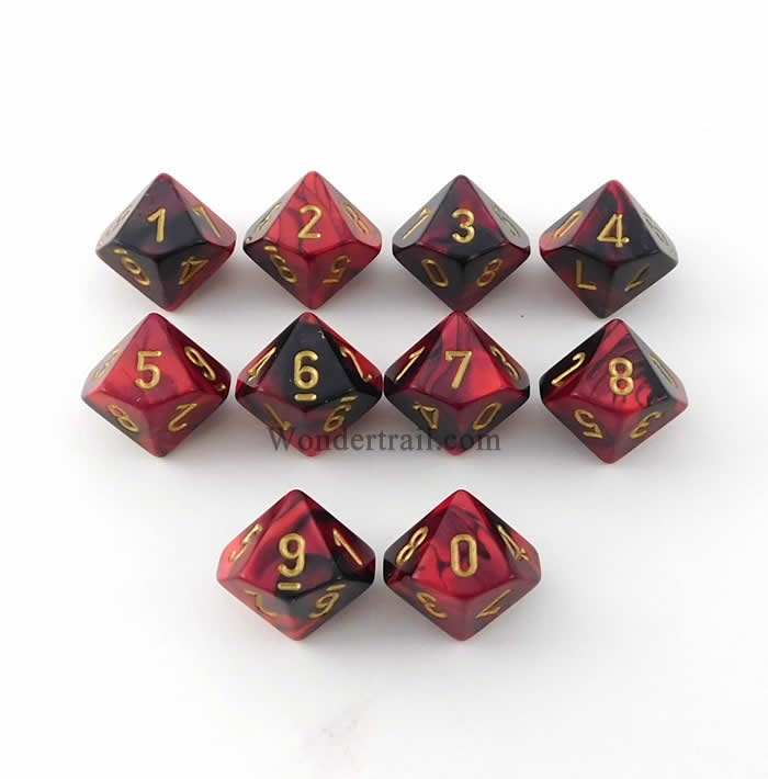 CHX26233 Black Red Gemini Dice Gold Numbers D10 16mm Pack of 10 (ONLINE ORDER ONLY)
