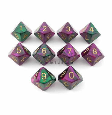 CHX26234 Green Purple Gemini Dice Gold Numbers D10 16mm Pack of 10 (ONLINE ORDER ONLY)