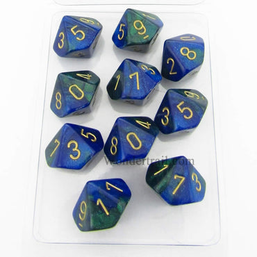 CHX26236 Blue Green Gemini Dice Gold Numbers D10 16mm Pack of 10 (ONLINE ORDER ONLY)