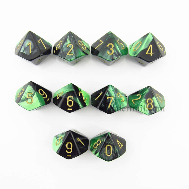 CHX26239 Black Green Gemini Dice Gold Numbers D10 16mm Pack of 10 (ONLINE ORDER ONLY)
