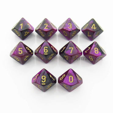 CHX26240 Black Purple Gemini Dice Gold Numbers D10 16mm Pack of 10 (ONLINE ORDER ONLY)