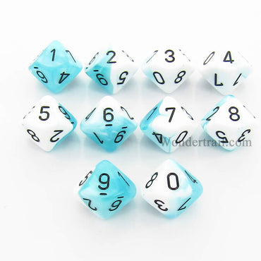 CHX26244 White Teal Gemini Dice Black Numbers D10 16mm Pack of 10 (ONLINE ORDER ONLY)