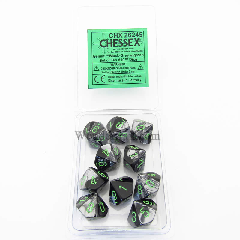 CHX26245 Black Grey Gemini Dice Green Numbers D10 16mm Pack of 10 (ONLINE ORDER ONLY)