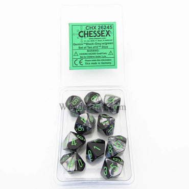 CHX26245 Black Grey Gemini Dice Green Numbers D10 16mm Pack of 10 (ONLINE ORDER ONLY)