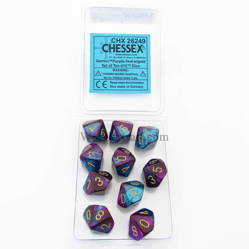 CHX26249 Purple Teal Gemini Dice Gold Numbers D10 16mm Pack of 10 (ONLINE ORDER ONLY)