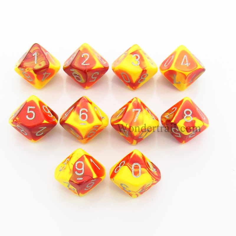 CHX26250 Red Yellow Gemini Dice Silver Numbers D10 16mm Pack of 10 (ONLINE ORDER ONLY)