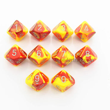 CHX26250 Red Yellow Gemini Dice Silver Numbers D10 16mm Pack of 10 (ONLINE ORDER ONLY)