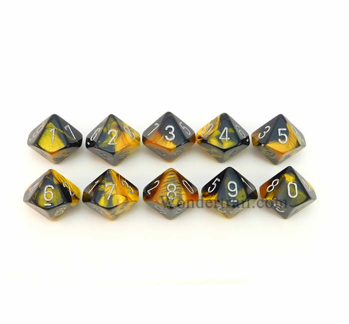 CHX26251 Black Gold Gemini Dice Silver Numbers D10 16mm Pack of 10 (ONLINE ORDER ONLY)