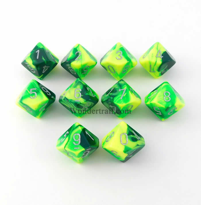 CHX26254 Green Yellow Gemini Dice Silver Numbers D10 16mm Pack of 10 (ONLINE ORDER ONLY)