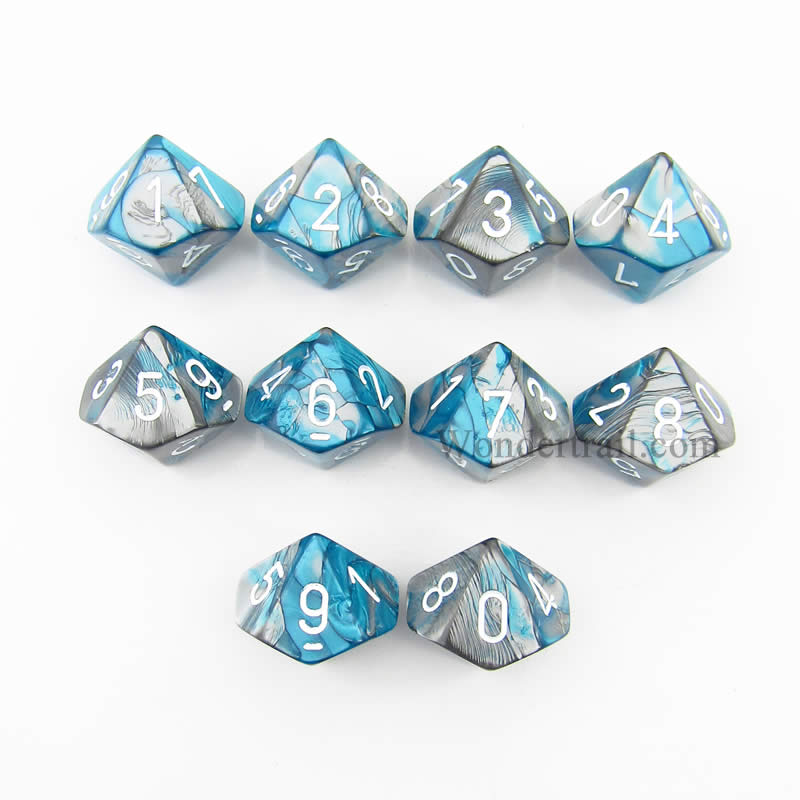 CHX26256 Steel Teal Gemini Dice White Numbers D10 16mm Pack of 10 (ONLINE ORDER ONLY)